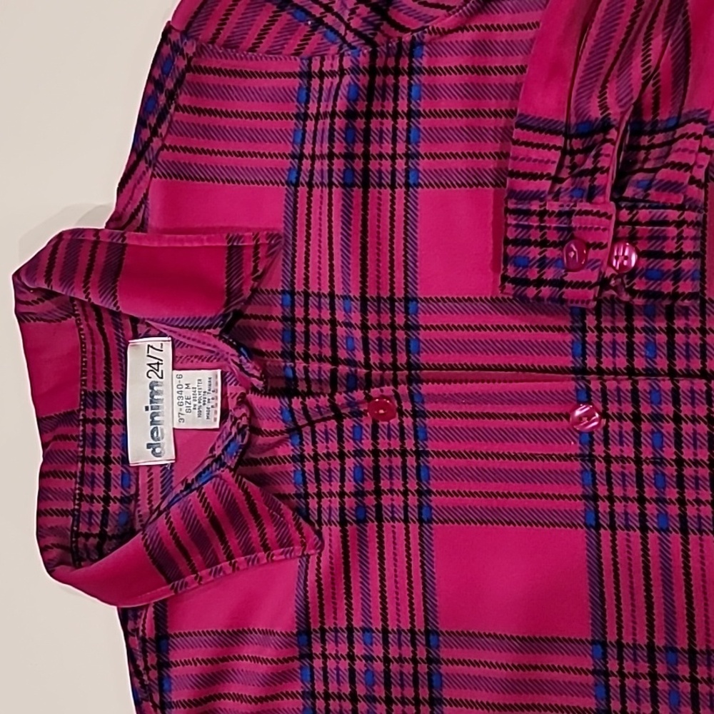 Denim 24/7 Velour Bold Plaid Shirt Pink Blue Medium - Picture 4 of 13